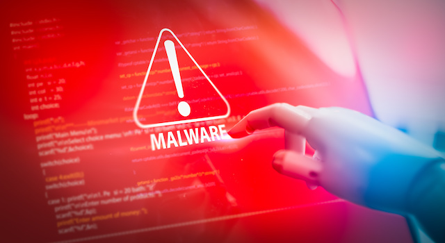 Robot hand pressing virtual button with online security and warning virus malware.AI(artificial intelligence) hand touching warning malware sign on screen laptop.